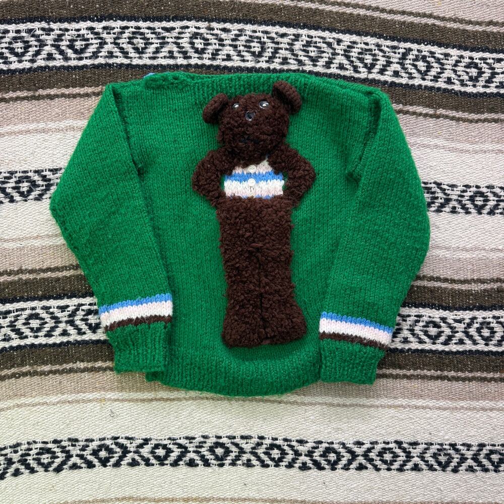 Baby Toddlers Vintage 80's Handmade Green Brown Bear Knit Pullover Sweater Sz 2T